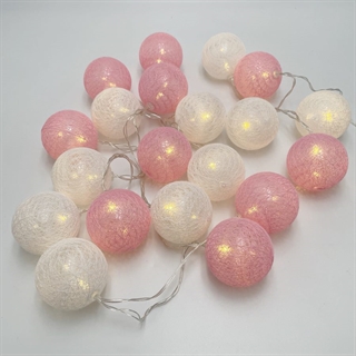 LED lyskæde med bomuldskugler i lyserød og hvid - 3 m